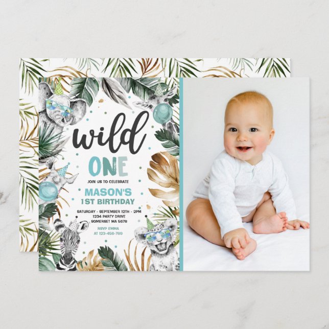 Wild One Birthday Gold Safari Jungle Animals Party Einladung (Vorne/Hinten)