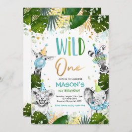 Wild One Birthday Gold Safari Jungle Animals Party Einladung