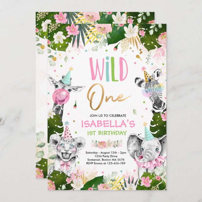 Wild One Birthday Gold Safari Jungle Animals Party Einladung (Vorne/Hinten)