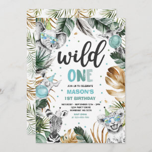 Wild One Birthday Gold Safari Jungle Animals Party Einladung