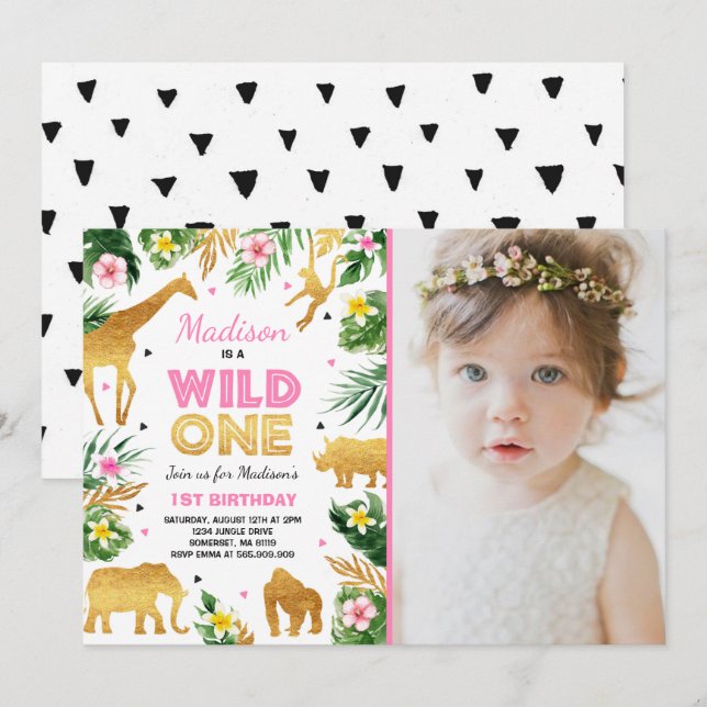 Wild One Birthday Invitation Safari Animals Party Einladung (Vorne/Hinten)
