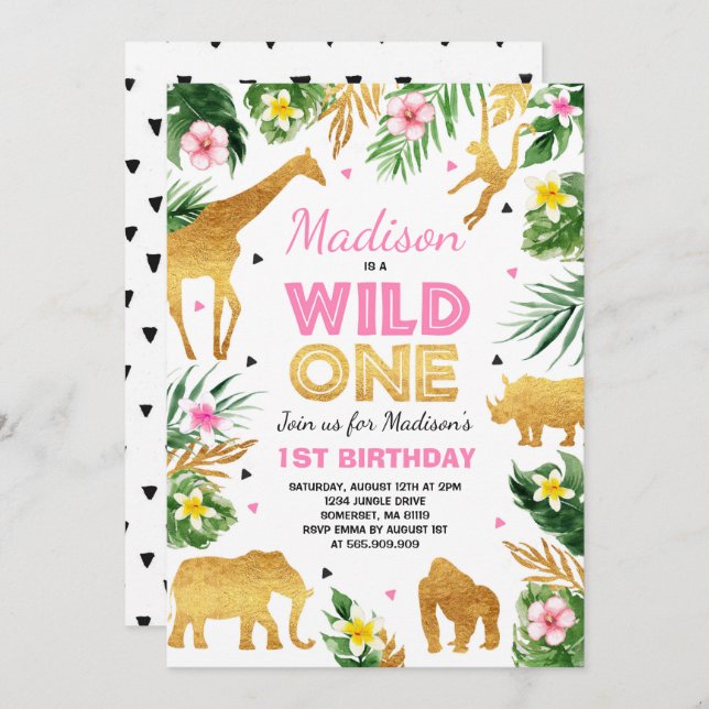 Wild One Birthday Invitation Safari Animals Party Einladung (Vorne/Hinten)