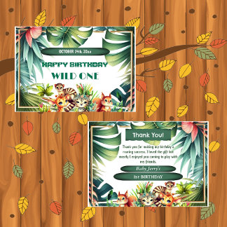 Wild One Birthday Jungle Safari Tropische Vegetati Dankeskarte