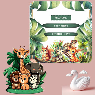 Wild One Birthday Jungle Safari Tropische Vegetati Quadratischer Aufkleber