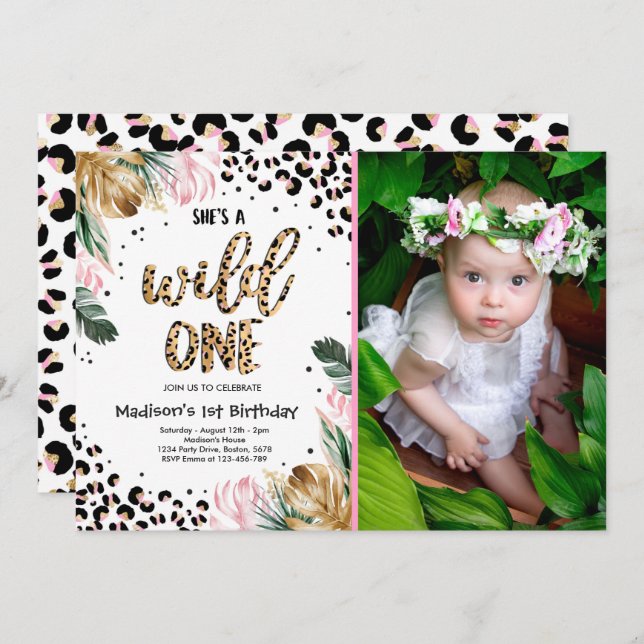 Wild One Birthday Leopard Print Wild Jungle Party Einladung (Vorne/Hinten)