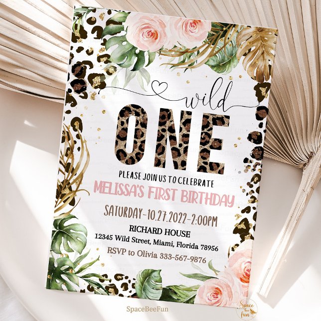 Wild One Birthday Leopard Print Wild Jungle Party Einladung (safari leopard print birthday, jungle theme birthday, animal print birthday decor, leopard print par)