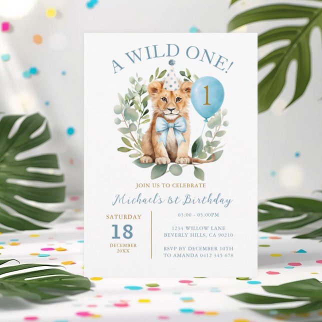 Wild One Birthday Lion Boy Birthday Floral Bow Kra Einladung (Von Creator hochgeladen)