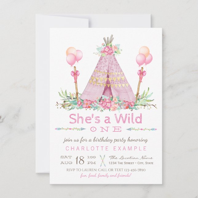 Wild One Birthday Party Pink Teepee Erster Geburts Einladung (Vorderseite)