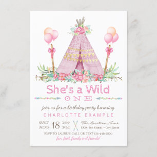 Wild One Birthday Party Pink Teepee Erster Geburts Einladung