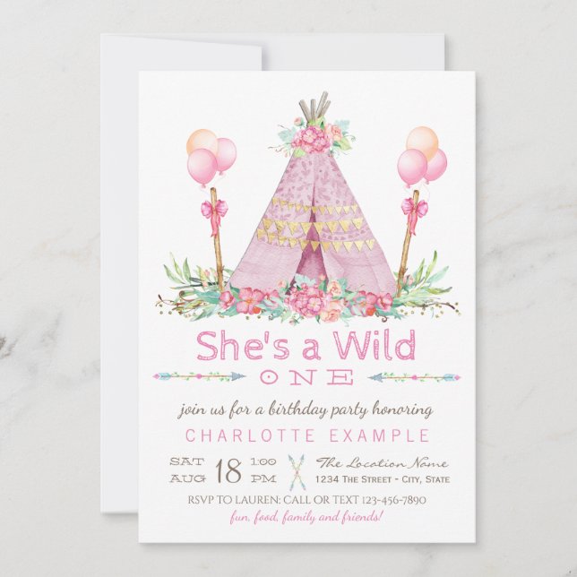 Wild One Birthday Party Pink Teepee Erster Geburts Einladung (Vorderseite)