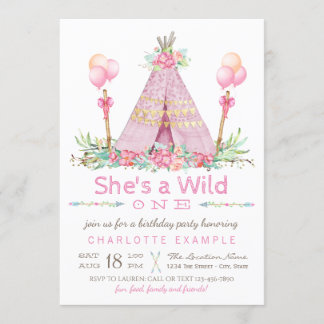 Wild One Birthday Party Pink Teepee Erster Geburts Einladung