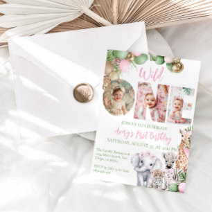 Wild One Birthday Pink Girl Safari Foto Einladung