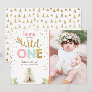 Wild One Birthday Teepee Boho Tribal Pink Girl Einladung