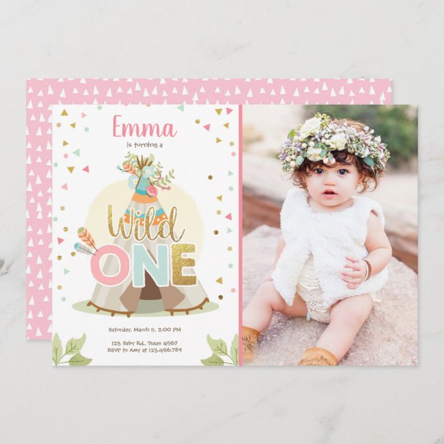 Wild One Birthday Teepee Boho Tribal Pink Girl Einladung (Vorne/Hinten)