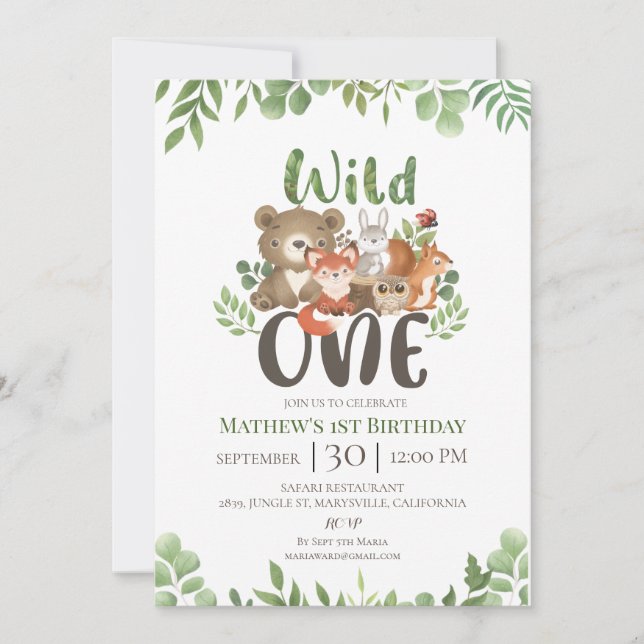 Wild One Birthday Woodland Tiere Grüne Invita Einladung (Vorderseite)