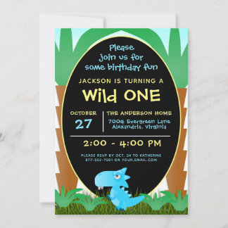 Wild ONE Blue Dinosaur Boy Birthday Einladung