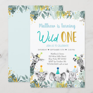 Wild One Blue Gold Party Animal zum Geburtstag Einladung