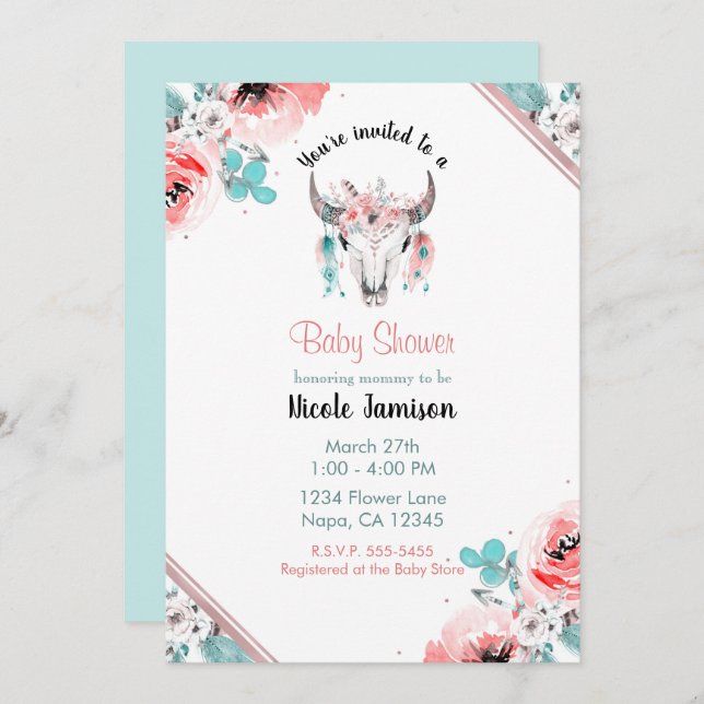 WILD ONE Boho Chic Floral Baby Shower Einladung (Vorne/Hinten)
