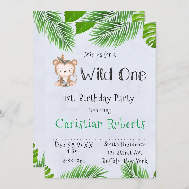 Wild One Boho Monkey Geburtstagsparty Einladung (Vorne/Hinten)