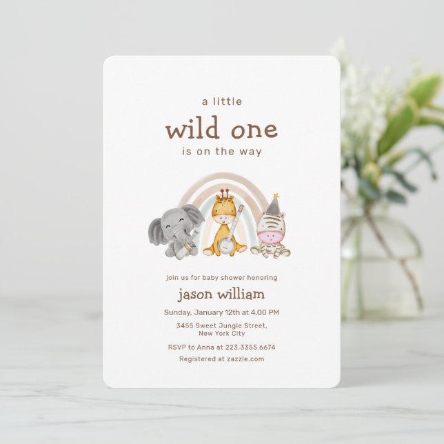 Wild One Boho Rainbow Safari Animals Baby Shower  Einladung (Stehend Vorderseite)