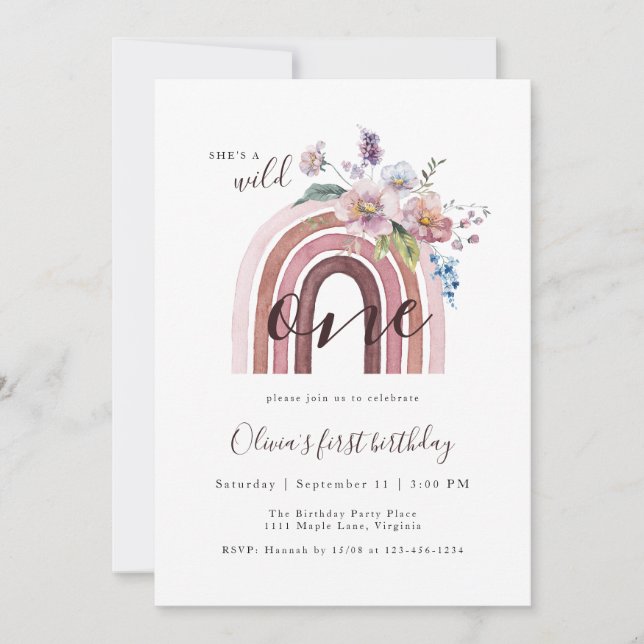 Wild & One Boho Wildblume Rainbow 1. Geburtstag Einladung (Vorderseite)