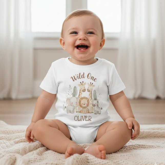 Wild One Boy 1st Birthday Safari Baby T-shirt (Von Creator hochgeladen)