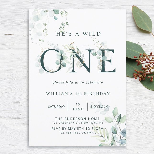 Wild One Boy Botanical First Birthday Einladung (Von Creator hochgeladen)