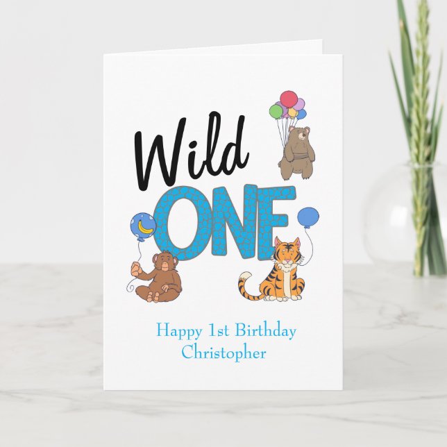 Wild One Boys First Birthday Safari Jungle Animals Karte (Vorderseite)