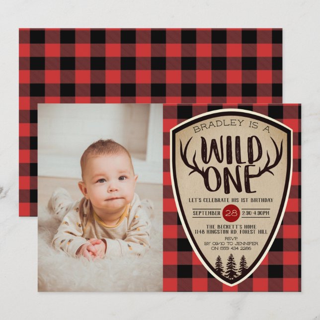 Wild One Boys Rustikaler Kariert Lumberjack 1. Geb Einladung (Vorne/Hinten)