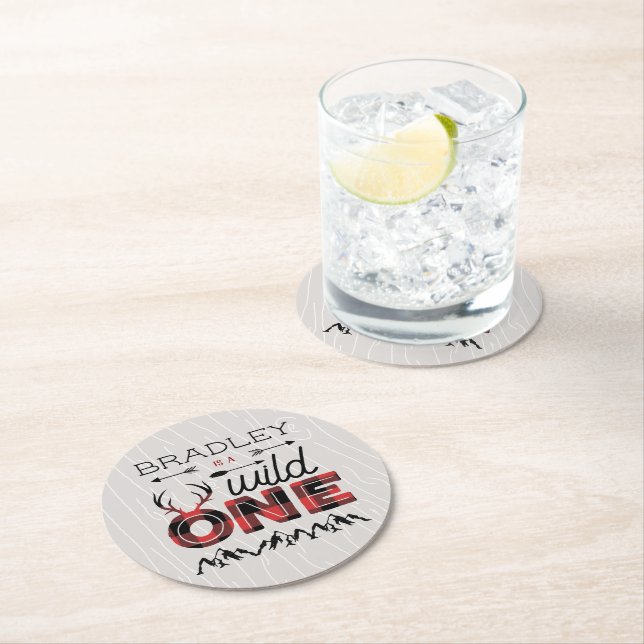 Wild One Boys Rustikaler Kariert Lumberjack 1. Geb Runder Pappuntersetzer (Vor Ort)