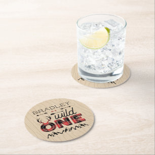 Wild One Boys Rustikaler Kariert Lumberjack 1. Geb Runder Pappuntersetzer