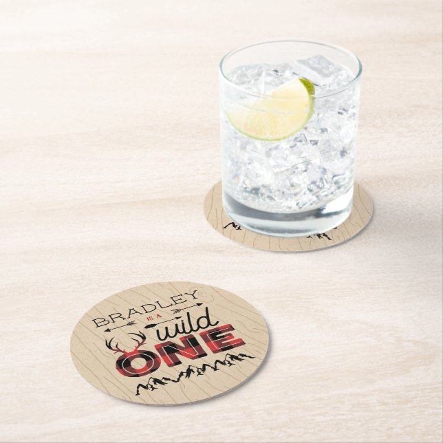 Wild One Boys Rustikaler Kariert Lumberjack 1. Geb Runder Pappuntersetzer (Vor Ort)