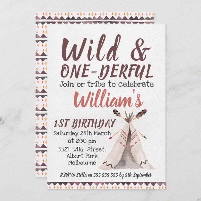 Wild One Boys Teepee zum Geburtstag Einladung (Vorne/Hinten)
