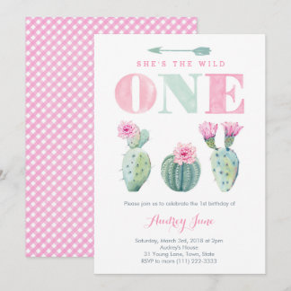 Wild One Cactus 1. Geburtstag lädt Mädchen ein Einladung