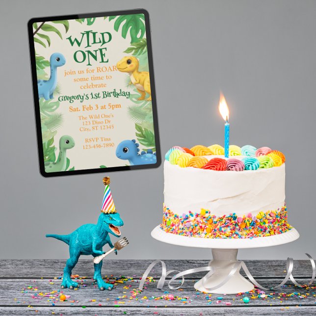 Wild One, colorful, cute dinosaur 1st birthday Einladung (Von Creator hochgeladen)