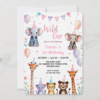 Wild One Cute Animals Balloon girls 1st Birthday Einladung