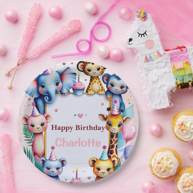 Wild One Cute Animals Balloon girls Birthday Pappteller (Party)
