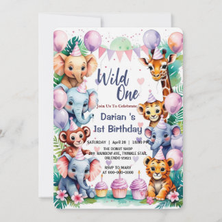 Wild One Cute Animals Balloon kids 1st Birthday Einladung