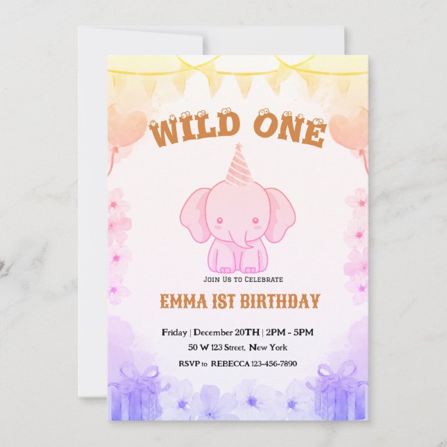 Wild One Cute Elephant 1st Birthday Invitation Einladung (Vorderseite)