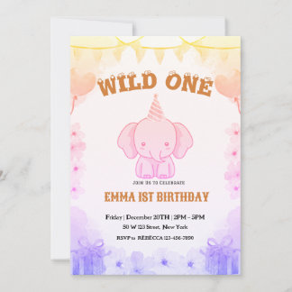 Wild One Cute Elephant 1st Birthday Invitation Einladung