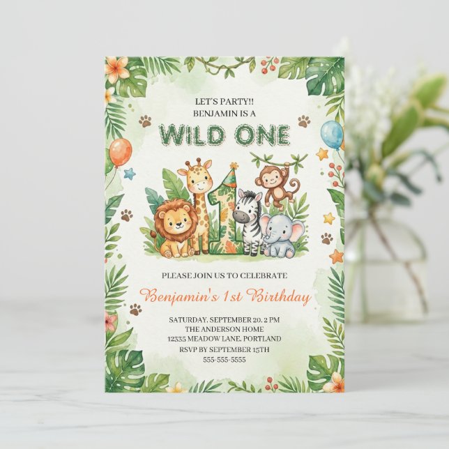 Wild One Cute Jungle Animals Kids 1st Birthday  Einladung (Stehend Vorderseite)