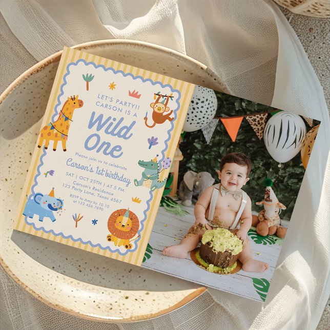 Wild One Cute Safari Animals 1st Birthday Photo Einladung (Von Creator hochgeladen)