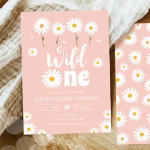 Wild One Daisy Boho Retro Pink Girl Erster Geburts Einladung