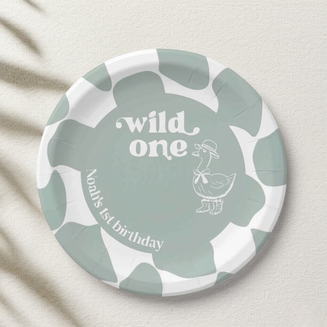 Wild One Dapper Duck 1st Birthday Sage Green Check Pappteller (Von Creator hochgeladen)