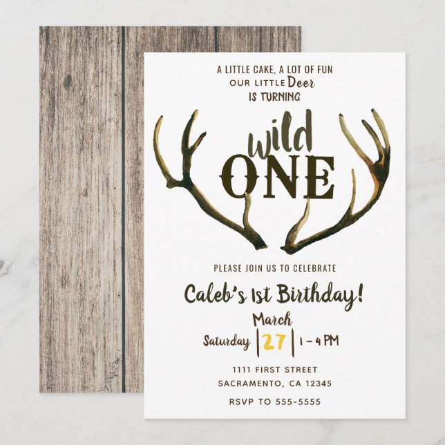 Wild One Deer Antlers Rustikales 1. Geburtstag Par Einladung (Vorne/Hinten)