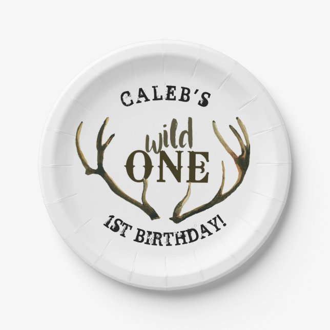 Wild One Deer Antlers Simple White 1. Geburtstag Pappteller (Vorderseite)