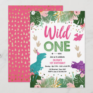 Wild One Dino Party Girl Pink Dinosaur Geburtstag Einladung