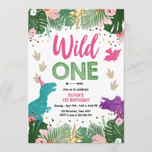 Wild One Dino Party Girl Pink Dinosaur Geburtstag Einladung