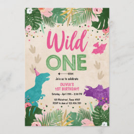 Wild One Dino Party Girl Pink Dinosaur Geburtstag Einladung