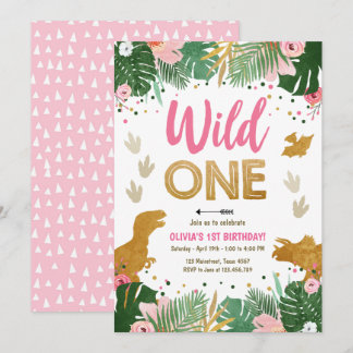 Wild One Dino Party Girl Pink Dinosaur Geburtstag Einladung